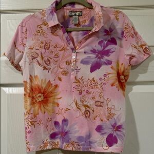 Caribbean Joe Pink Floral Polo with Purple and Orange Blooms